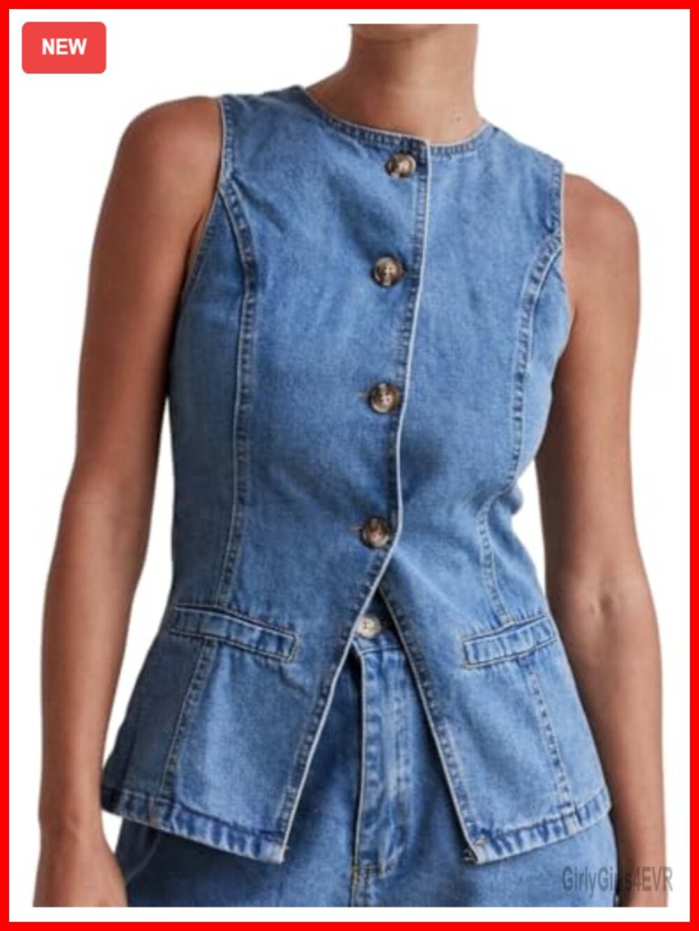 Perbai Women's Crewneck Button Down Denim Vest Tank Top Slim Jean Waistcoat